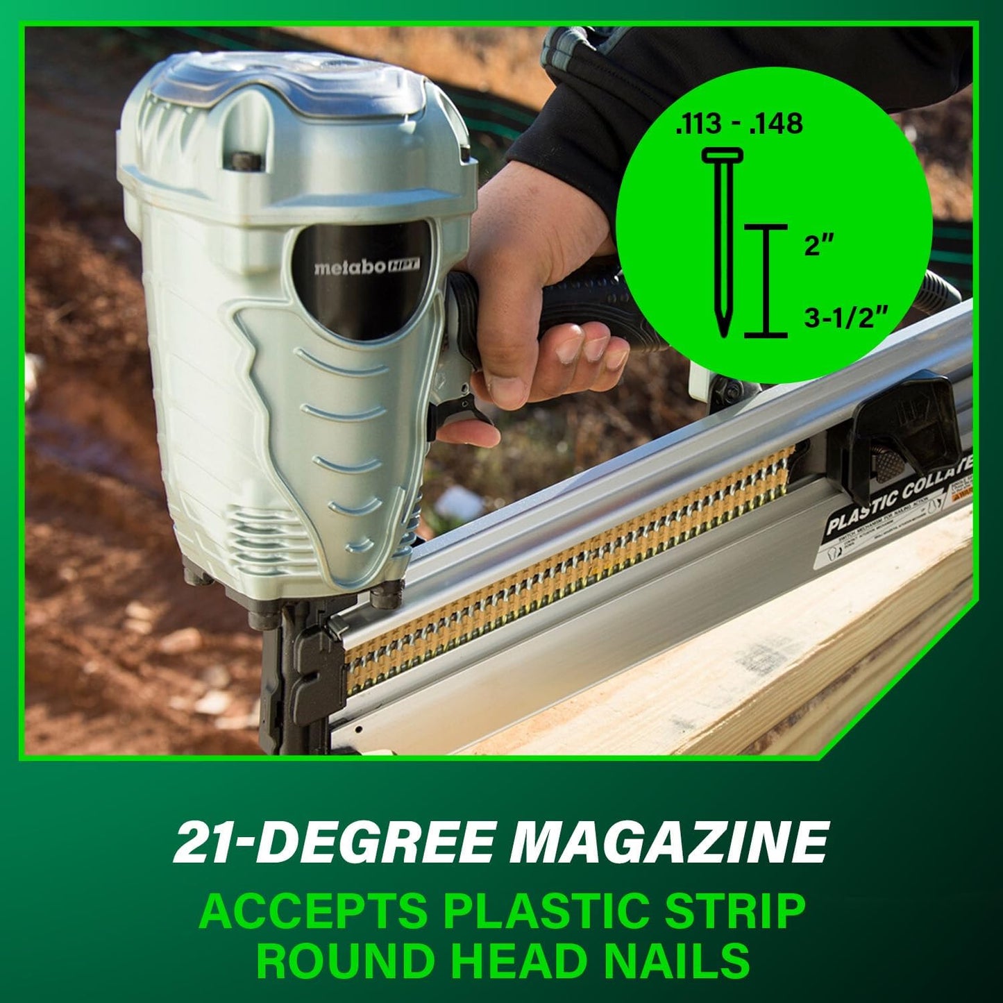 Metabo HPT Framing Nailer, Pro-Preferred Power Nailer for Flooring, Roof Decking, and More, Lightweight 7.5 Lbs Framing Tool for 21° 2" to 3-1/2" Plastic Collated Nails, NR90AES1