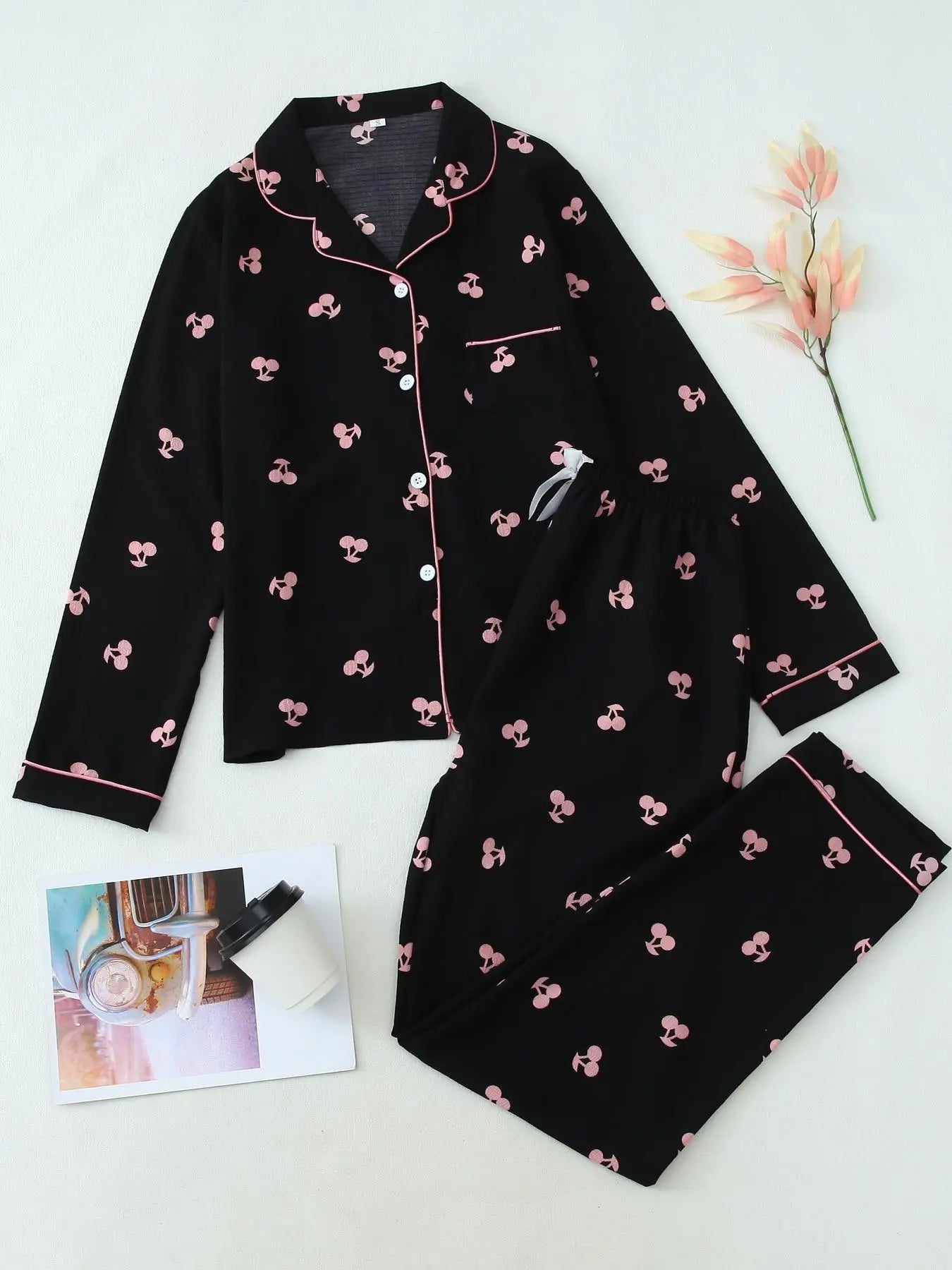 Women'S Button Front Blouse & Bow Front Contrast Binding Pants Pyjama Set, Casual Long Sleeve Lapel Top & Trousers, Summer Outfits 2024, Sleepwear for Spring & Fall, National Day Offers