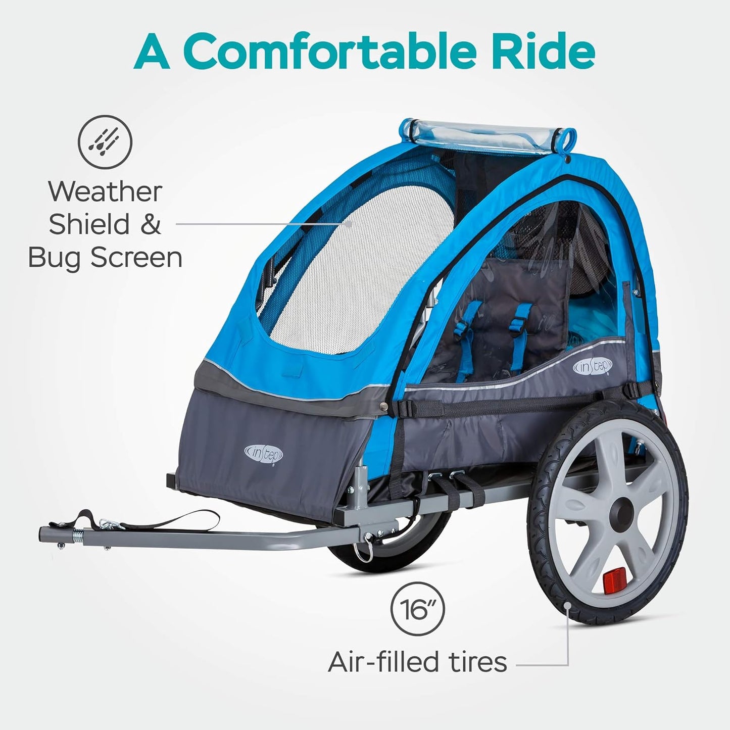 Sync Single Seat Bike Child Trailer, Max Weight 40 Lbs., 5-Point Harness, Folding Frame, Quick Release Wheels, Easy Storage, Bug Screen & Weather Shield, Blue