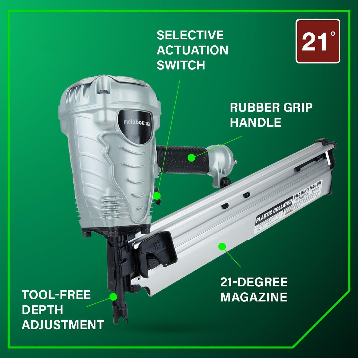 Metabo HPT Framing Nailer, Pro-Preferred Power Nailer for Flooring, Roof Decking, and More, Lightweight 7.5 Lbs Framing Tool for 21° 2" to 3-1/2" Plastic Collated Nails, NR90AES1