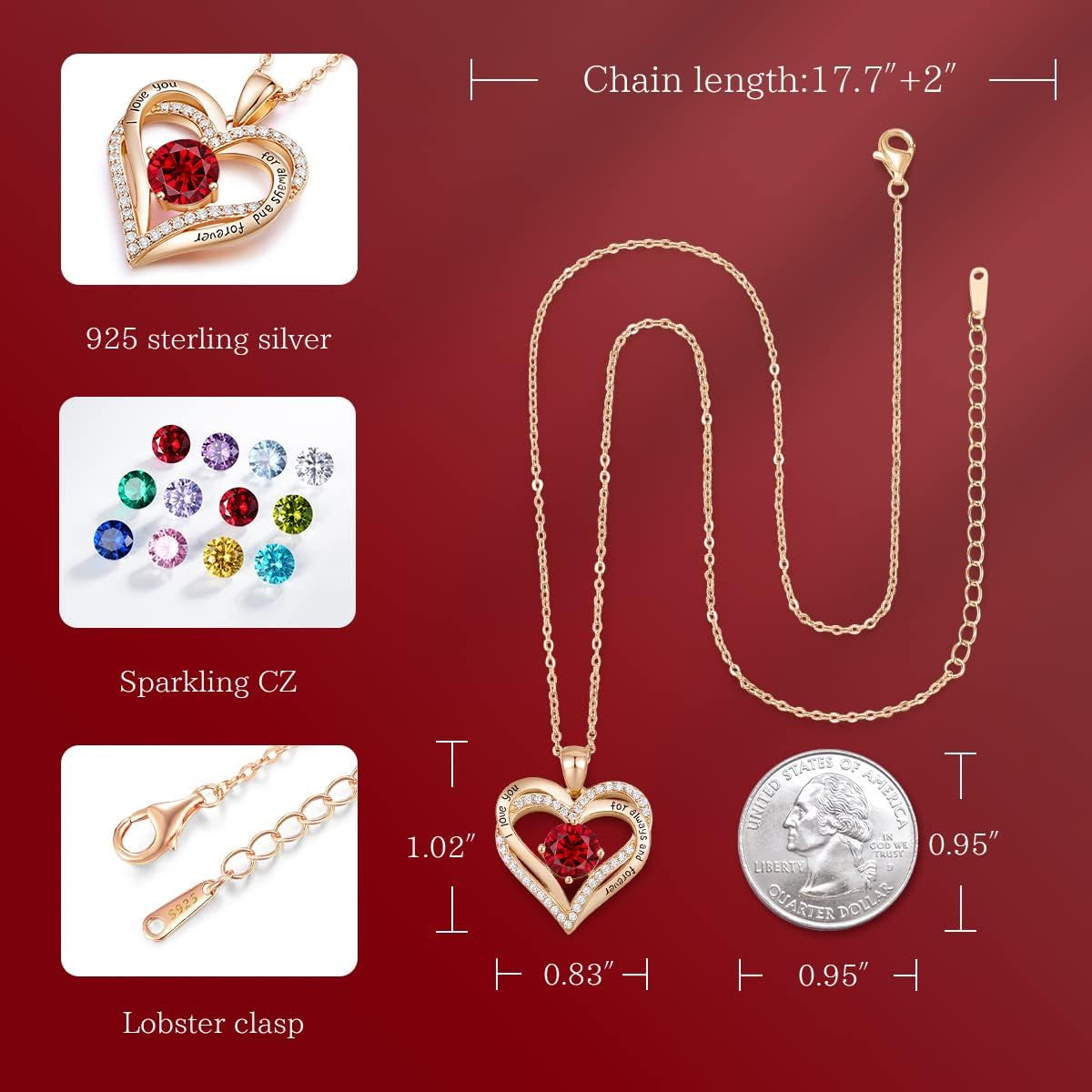 Forever Love Heart Necklaces for Women, Wedding Anniversary, Valentine'S，Birthday Mothers Christmas Day Gifts for Mom, Mother, Wife, S925 Silver Jewelry with Birthstone Pendant