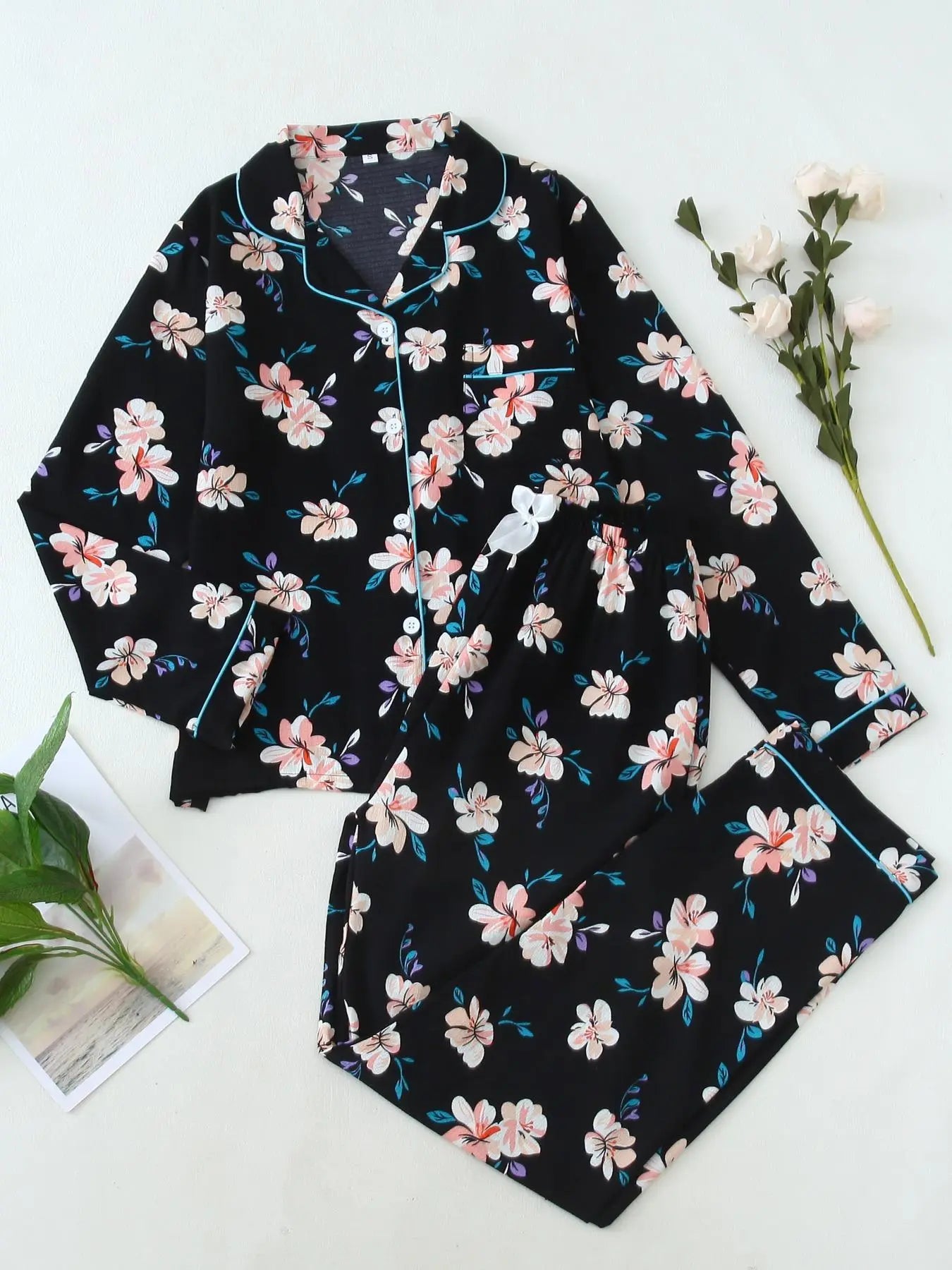 Women'S Button Front Blouse & Bow Front Contrast Binding Pants Pyjama Set, Casual Long Sleeve Lapel Top & Trousers, Summer Outfits 2024, Sleepwear for Spring & Fall, National Day Offers