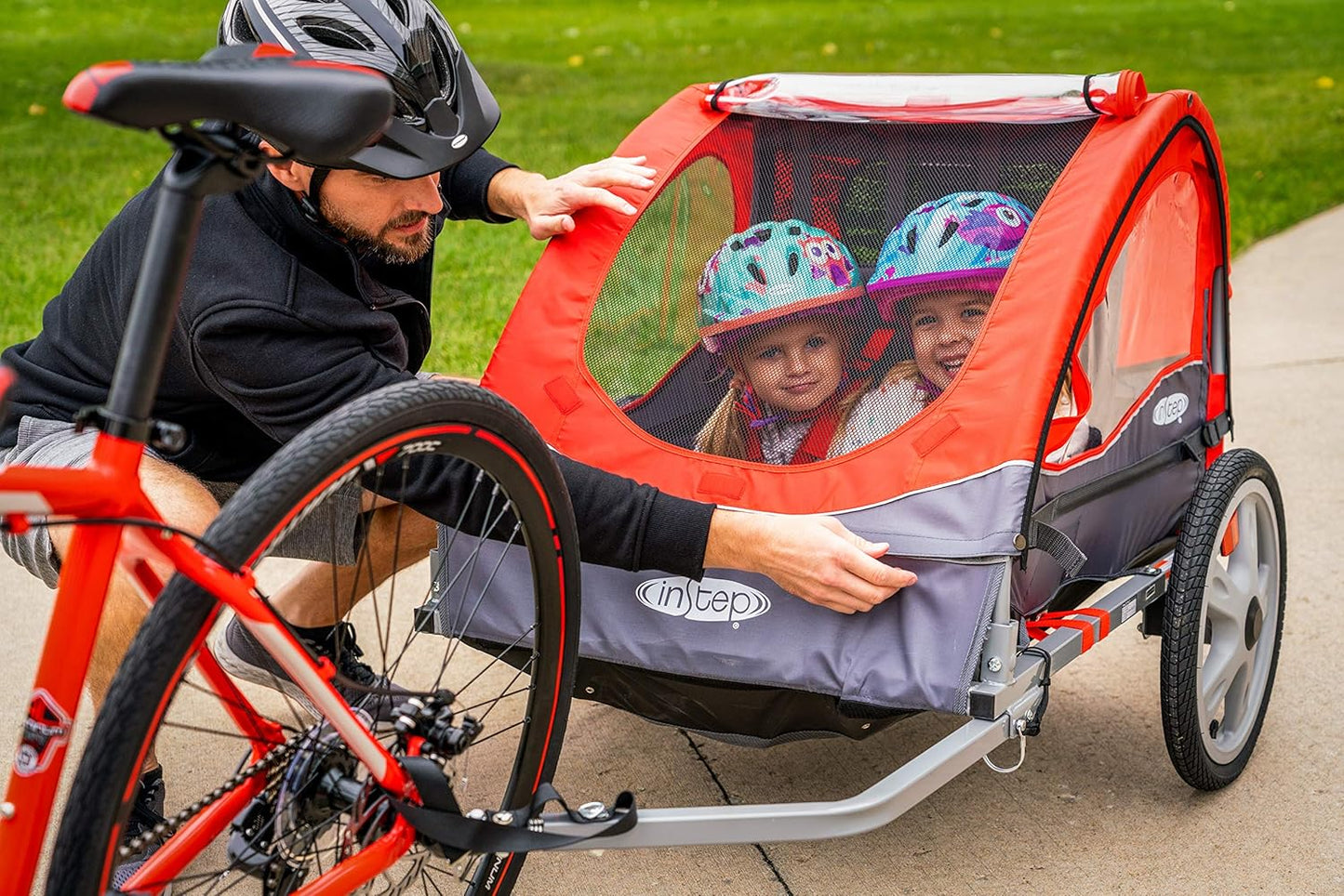 Take 2 Double Seat Bike Child Trailer, Max Weight 80 Lbs., 5-Point Harness, Folding Frame, Quick Release Wheels, Bug Screen & Weather Shield, Red