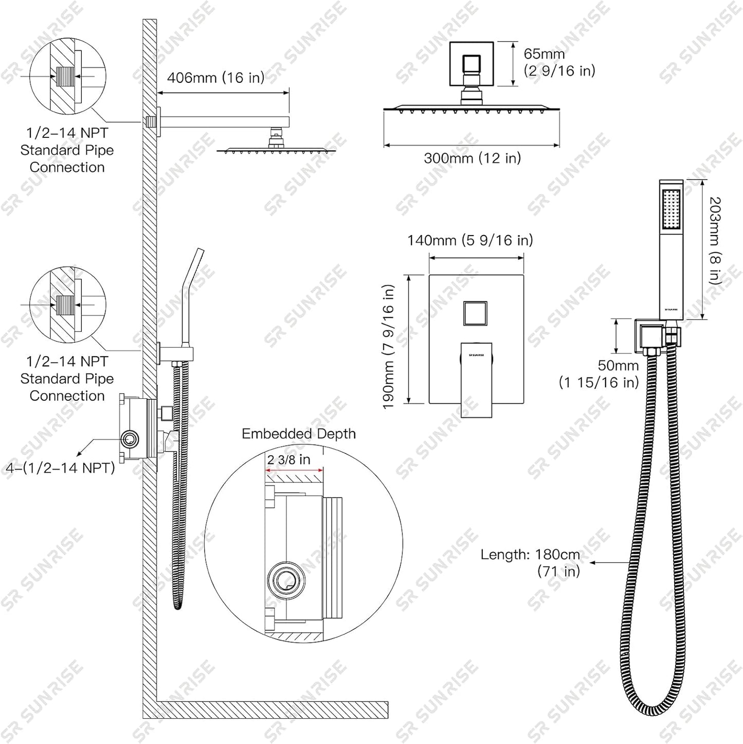 12 Inches Bathroom Luxury Rain Mixer Shower Combo Set Wall Mounted Rainfall Shower Head System Brushed Nickel Finish Shower Faucet Rough-In