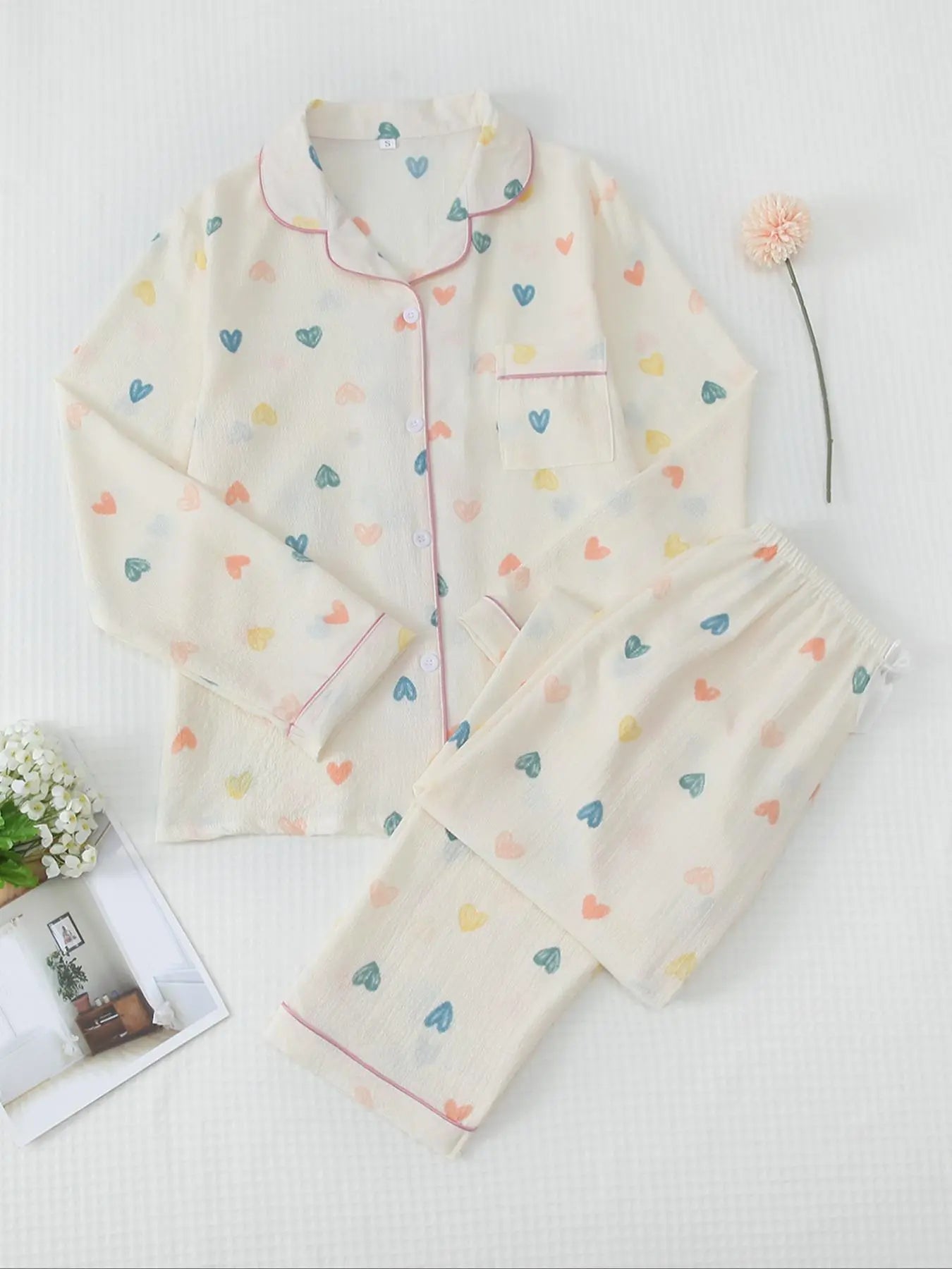 Women'S Button Front Blouse & Bow Front Contrast Binding Pants Pyjama Set, Casual Long Sleeve Lapel Top & Trousers, Summer Outfits 2024, Sleepwear for Spring & Fall, National Day Offers