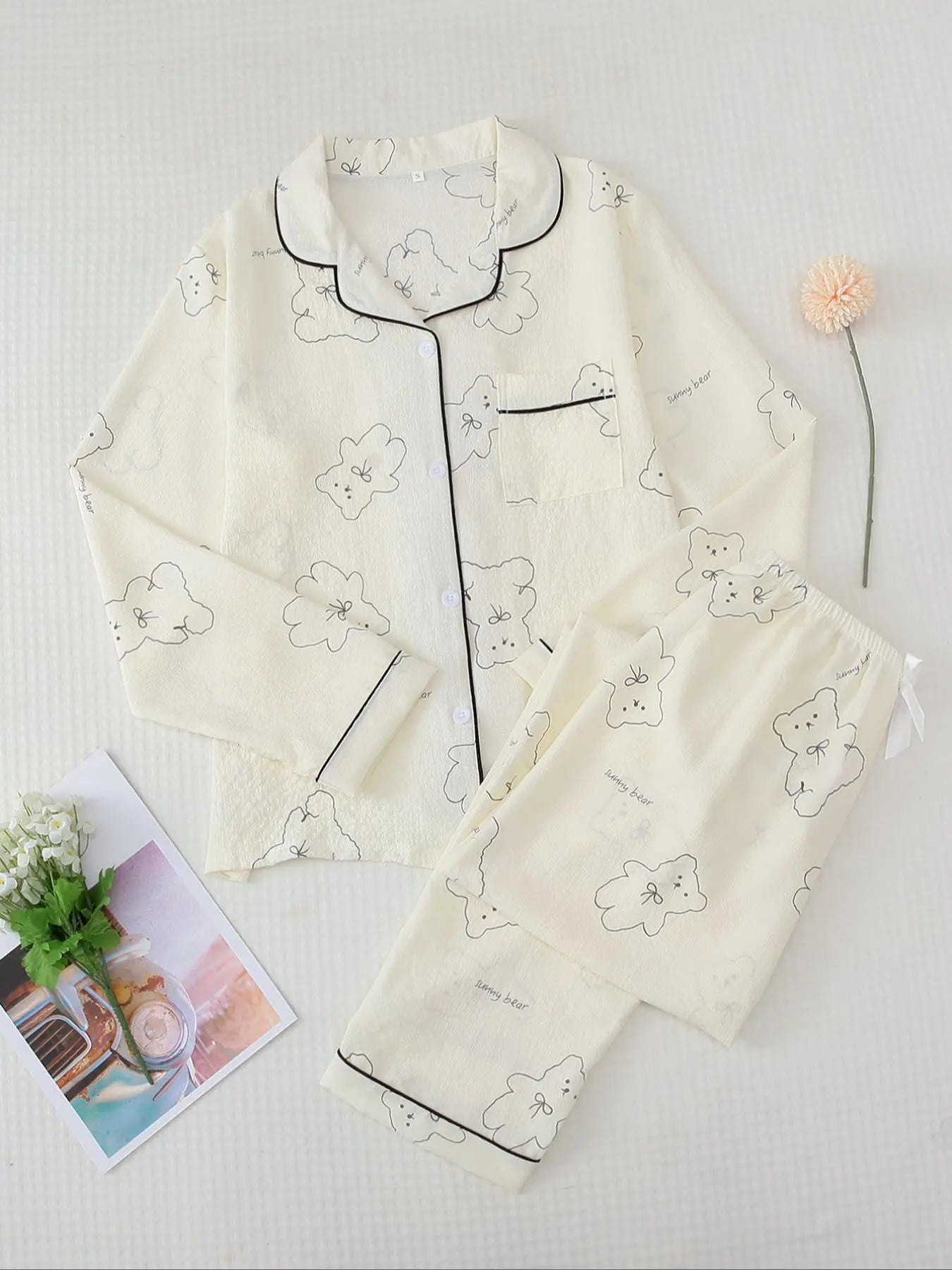 Women'S Button Front Blouse & Bow Front Contrast Binding Pants Pyjama Set, Casual Long Sleeve Lapel Top & Trousers, Summer Outfits 2024, Sleepwear for Spring & Fall, National Day Offers